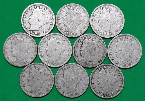 Ten liberty nickels - v, nickels--nice
